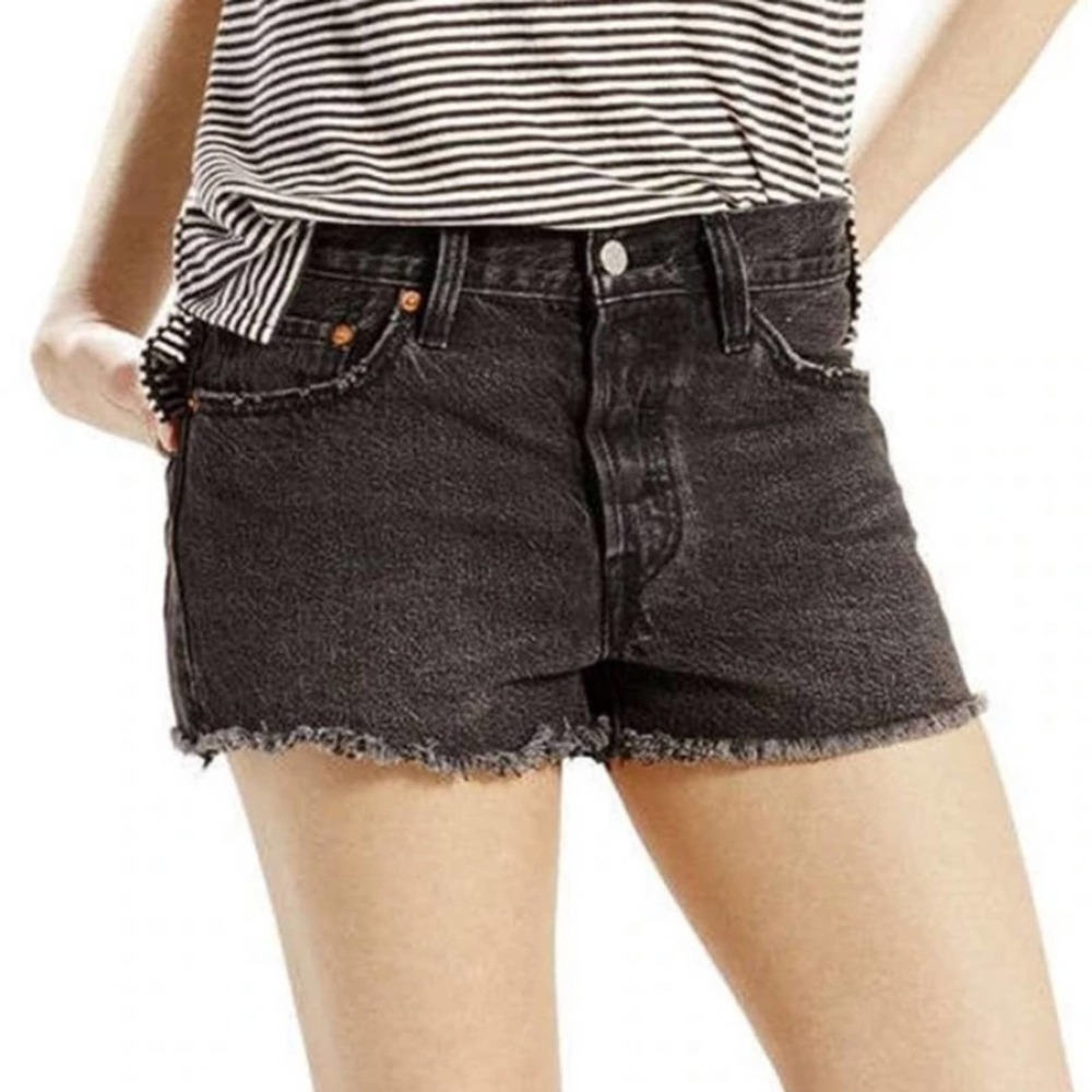 LEVIS 501 Black Button Fly Distressed Raw Hem Jean Shorts Size 31 - Picture 1 of 10